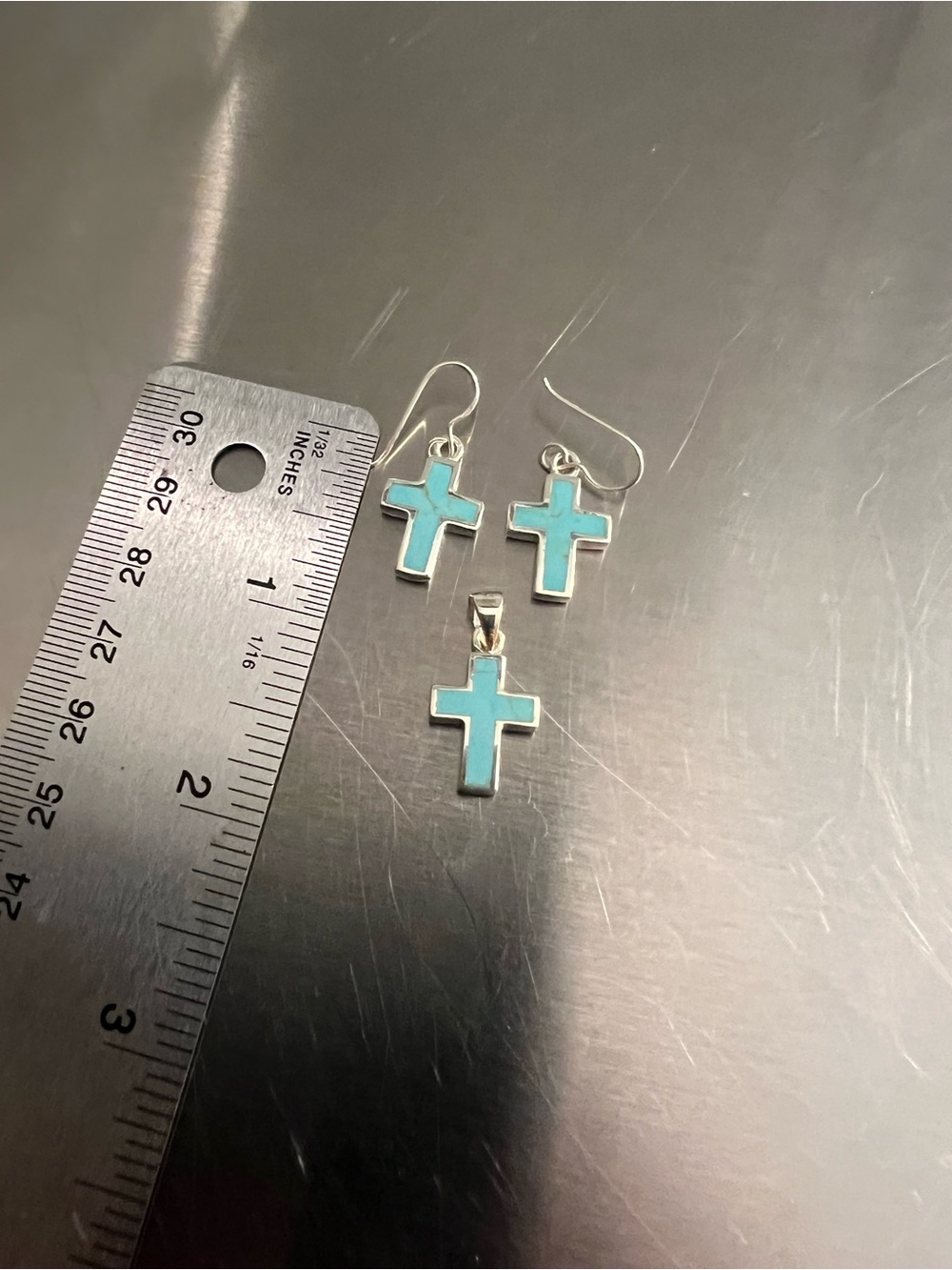 Sterling Silver Turquoise Cross Pendant and Earrings - Picture 2 of 3